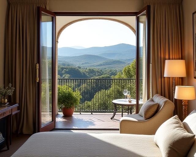 Interno di una suite di lusso con balcone e vista.